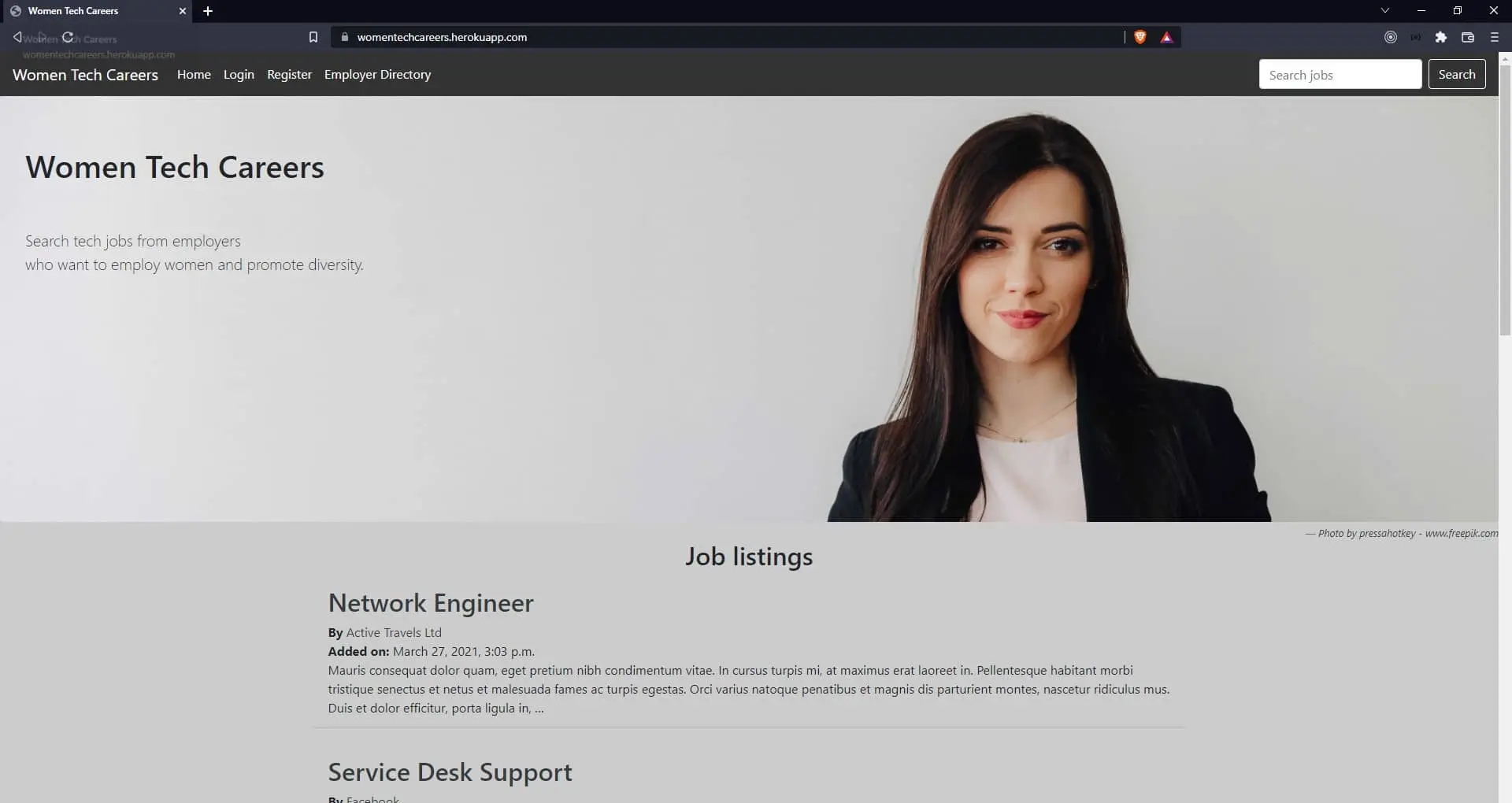 women tech careers website screenshot